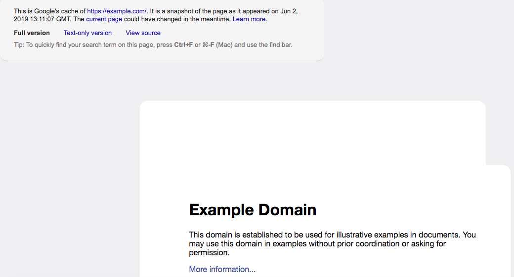 Google's cache of https-::example.com provides a sample of Google cache version