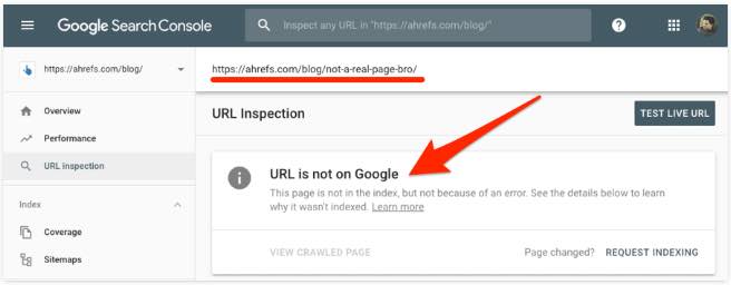 Google Search Console If the page is not indexed it says URL is not on Google