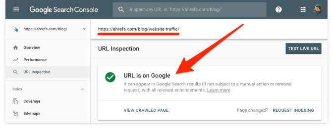 Google Search Console if the page is indexed it says URL is on Google