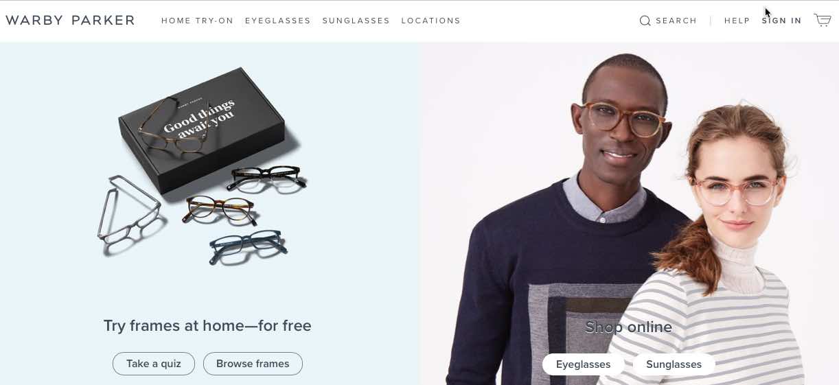 Eyewear company Warby Parker customer service goes above and beyond by sending out five pairs of frames for free to customers to try on