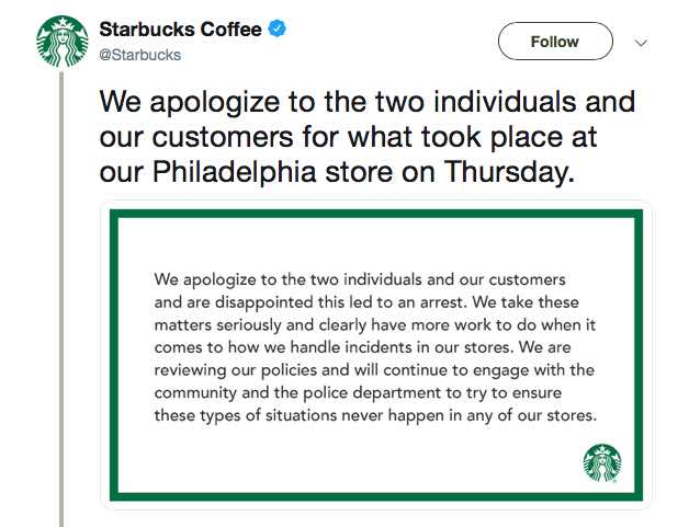 Starbucks apology for Philadelphia incident with 2 black customers